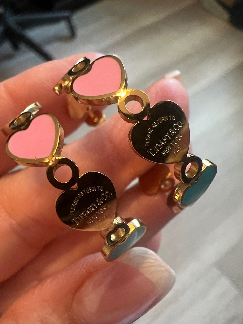 Gold Heart Link Earrings with Pink and Turquoise Enamel